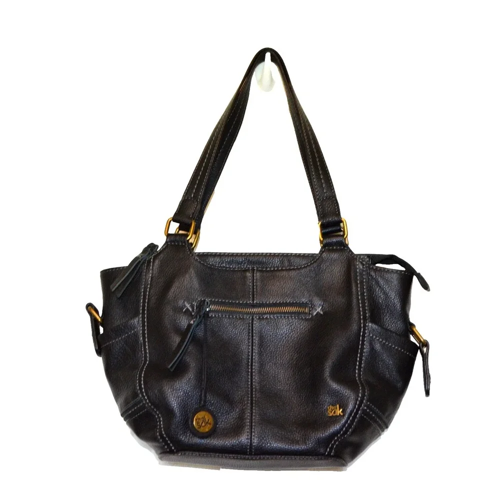 The Sak Black Pebbled Leather Hobo Shoulder Bag Zip Double Handle‎ 3 Section